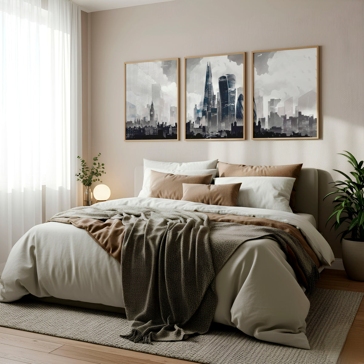 London Artwork City Skyline Monochrome Watercolour Wall Art Prints | Set of 3