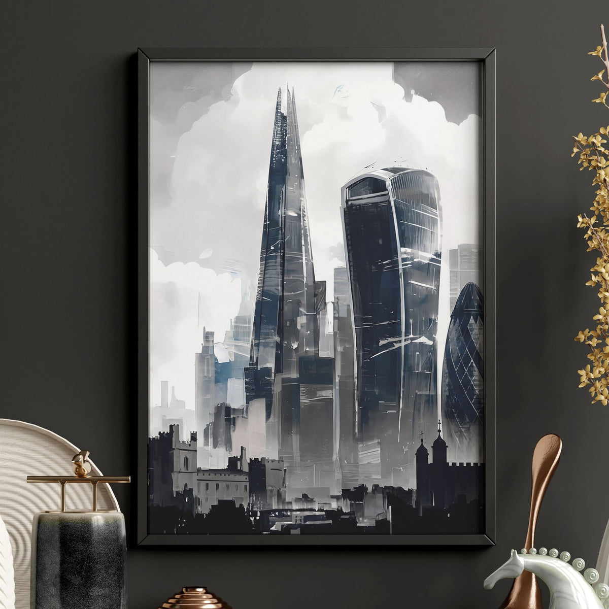 London Artwork City Skyline Monochrome Watercolour wall art — piece 2 of 3 in the set