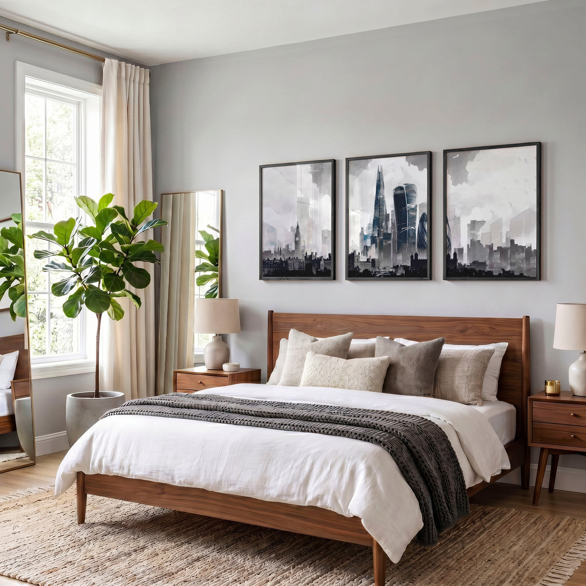 London Artwork City Skyline Monochrome Watercolour wall art displayed on a wall in a styled room