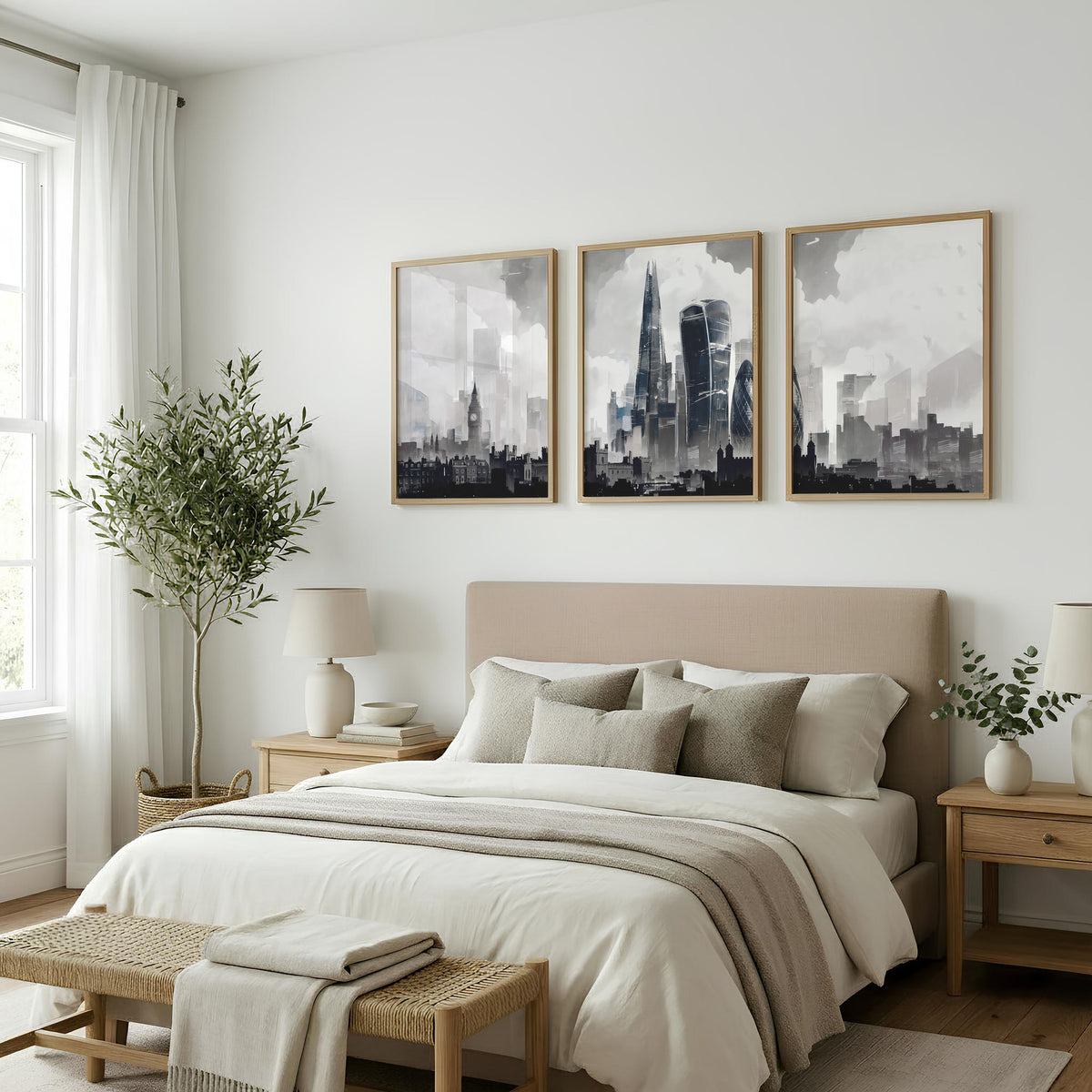 London Artwork City Skyline Monochrome Watercolour wall art displayed on a wall in a styled room — view 6