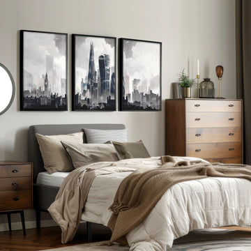 London Artwork City Skyline Monochrome Watercolour wall art displayed on a wall in a styled room — view 9