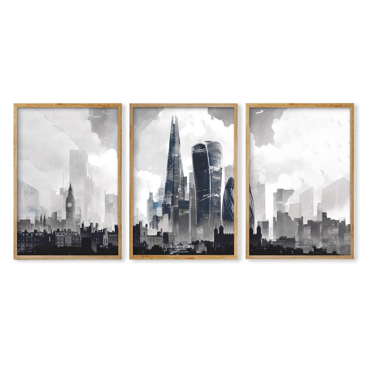 London Artwork City Skyline Monochrome Watercolour wall art in an oak frame