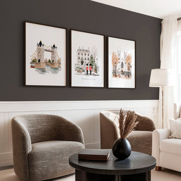 London Bridge wall art "Wintertime in London" Beige & Ochre Travel Wall Art displayed on a wall in a styled room
