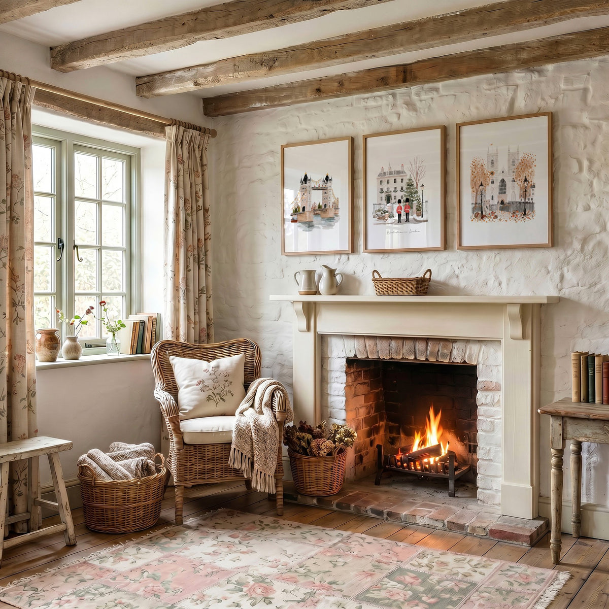 London Bridge wall art "Wintertime in London" Beige & Ochre Travel Wall Art displayed on a wall in a styled room — view 2