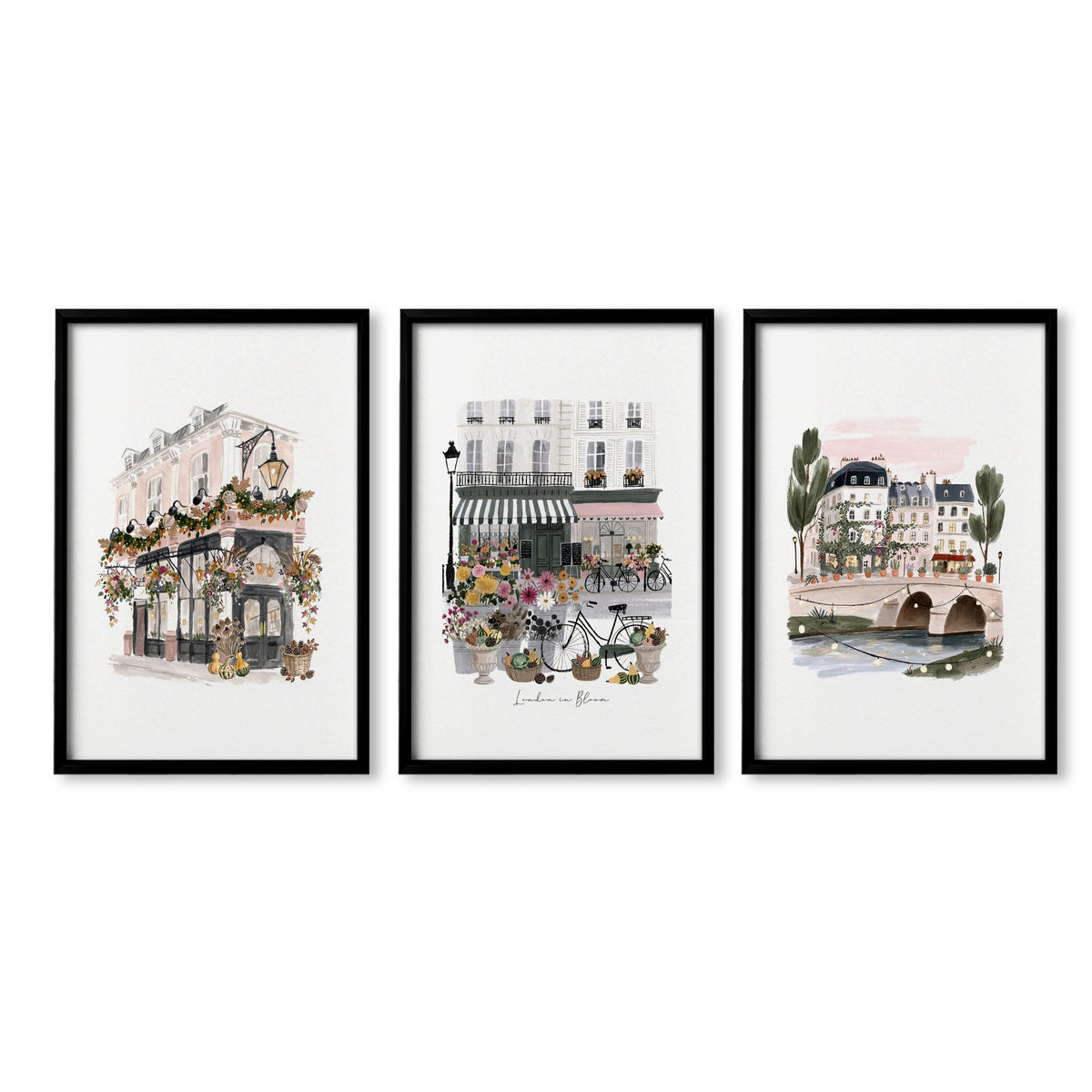 London Poster "London in Bloom" Floral City Watercolour wall art in a black frame