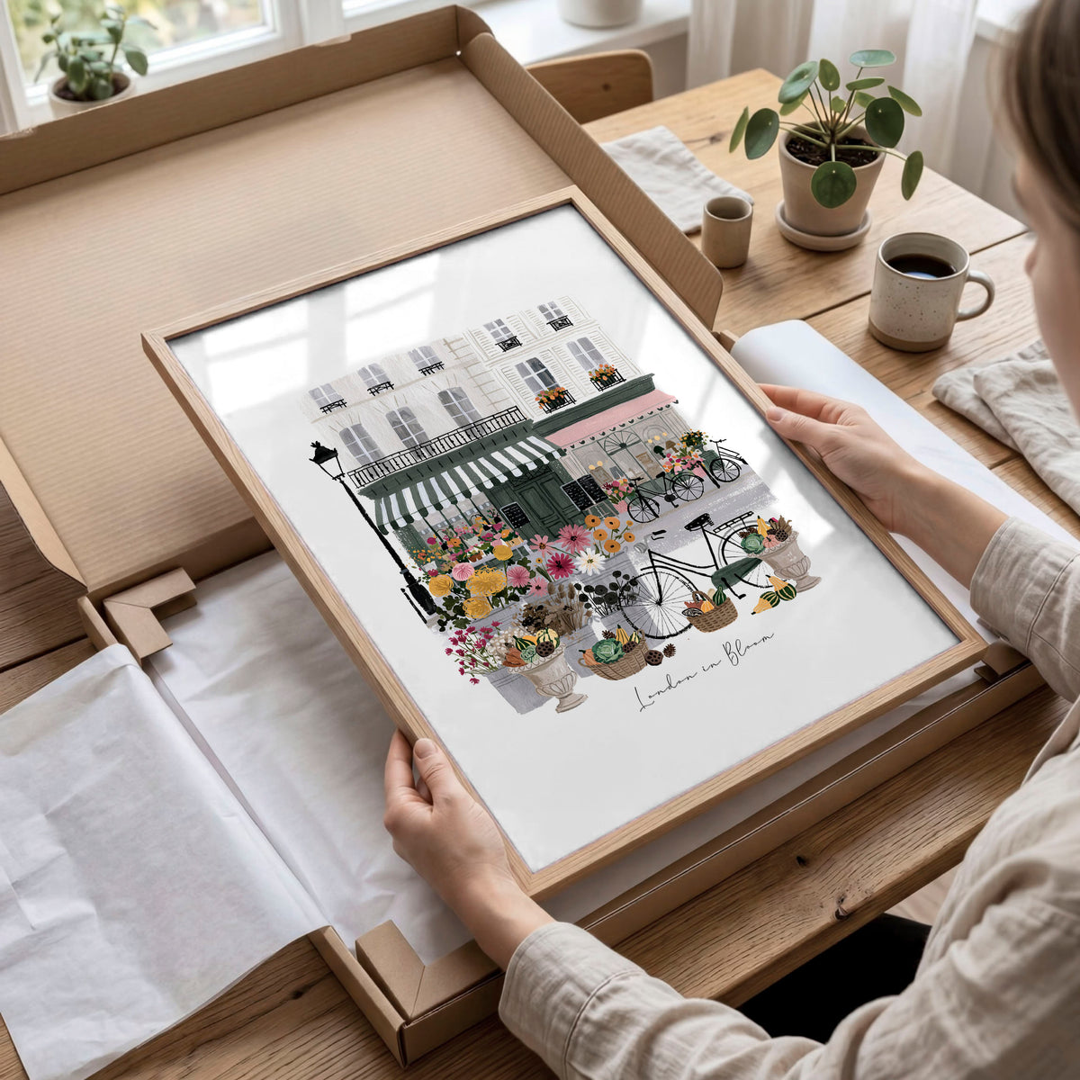 London Poster "London in Bloom" Floral City Watercolour wall art displayed on a wall in a styled room — view 10