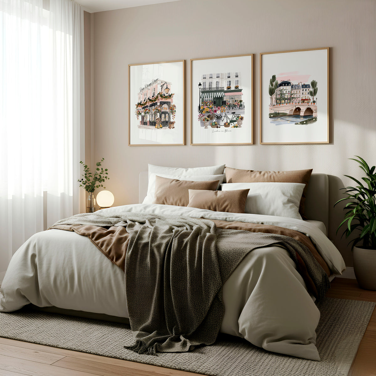 London Poster "London in Bloom" Floral City Watercolour wall art displayed on a wall in a styled room — view 3