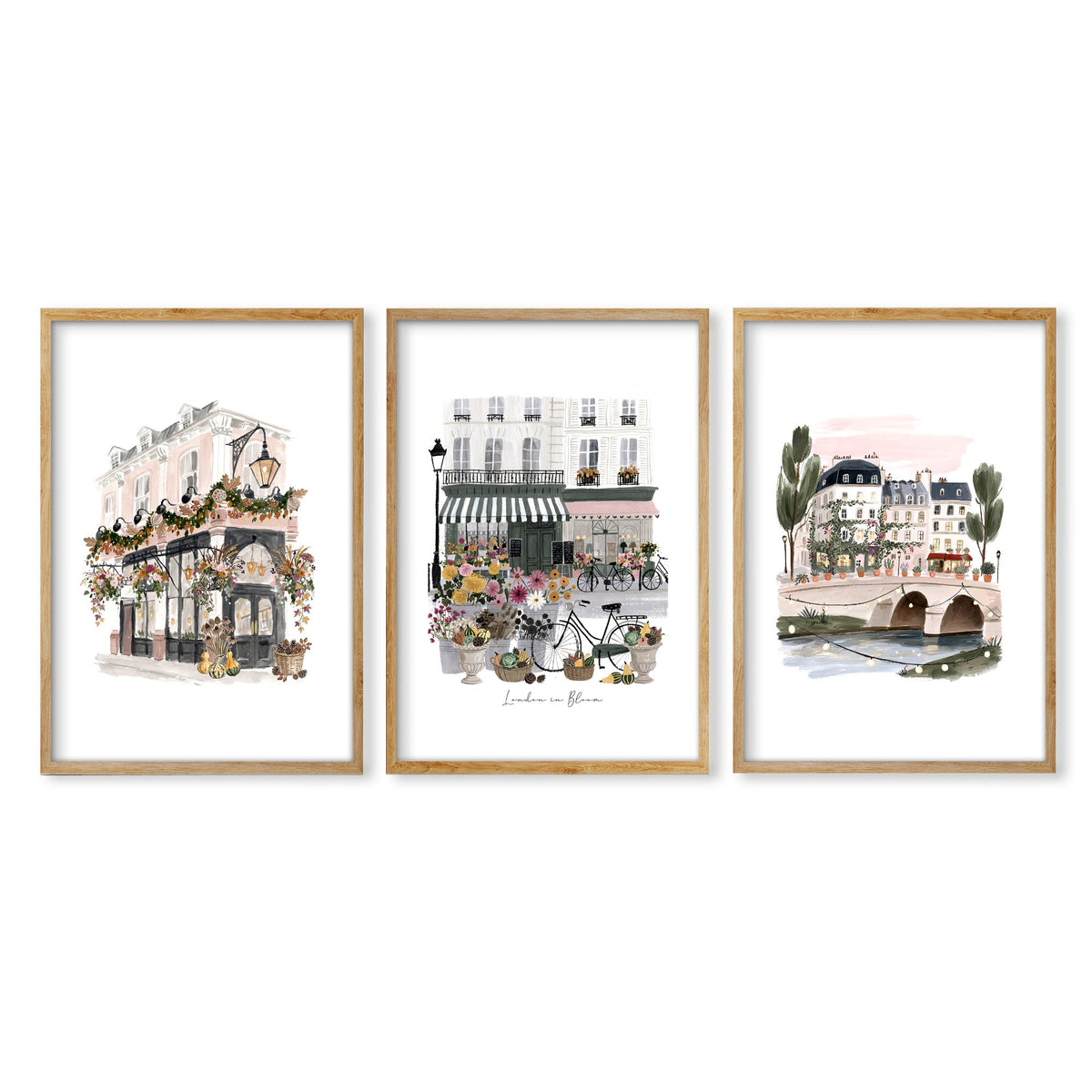 London Poster "London in Bloom" Floral City Watercolour wall art in an oak frame