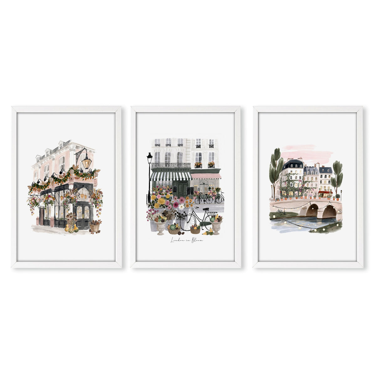 London Poster "London in Bloom" Floral City Watercolour wall art in a white frame
