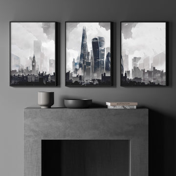 London wall art | Moody Grey Skyline with The Shard & Gherkin displayed on a wall in a styled room