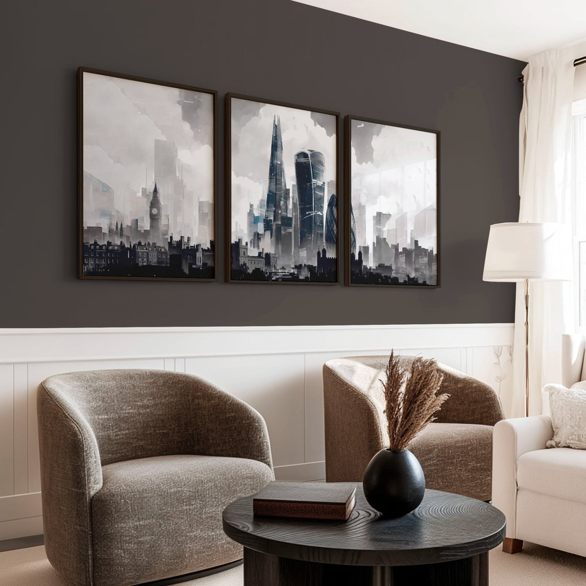 London wall art | Moody Grey Skyline with The Shard & Gherkin displayed on a wall in a styled room — view 3