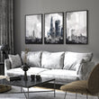 Lounge Pictures for Living Room London Skyline Grey Watercolour wall art displayed on a wall in a styled room