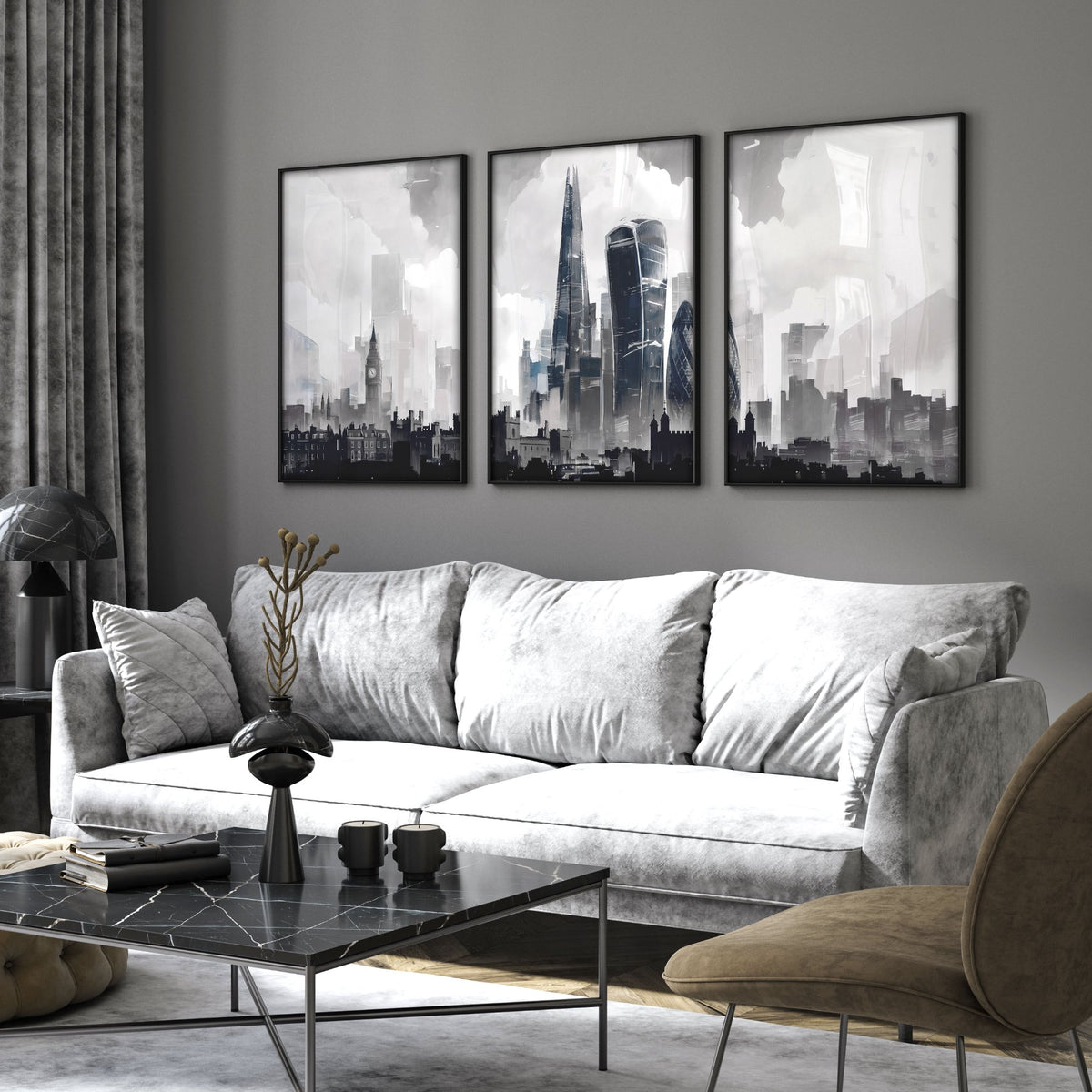 Lounge Pictures for Living Room London Skyline Grey Watercolour wall art displayed on a wall in a styled room