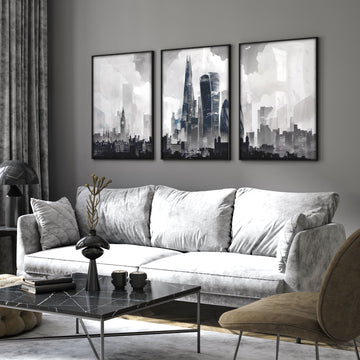Lounge Pictures for Living Room London Skyline Grey Watercolour wall art displayed on a wall in a styled room