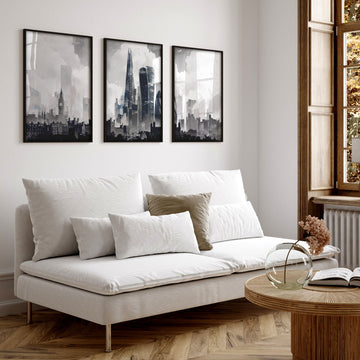 Lounge Pictures for Living Room London Skyline Grey Watercolour wall art displayed on a wall in a styled room — view 2
