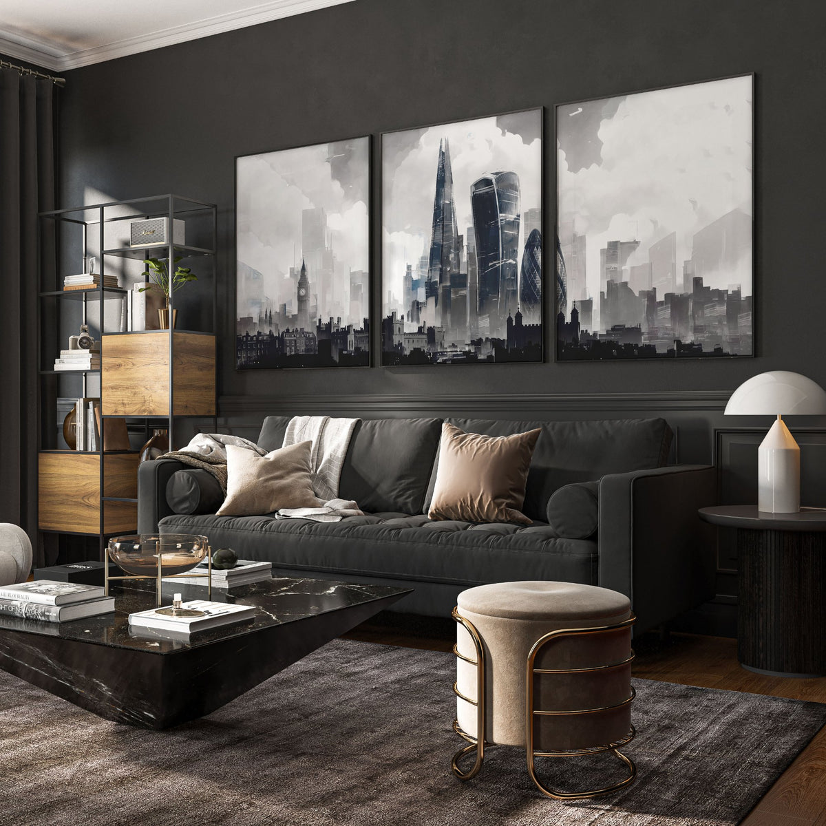 Lounge Pictures for Living Room London Skyline Grey Watercolour wall art displayed on a wall in a styled room — view 3