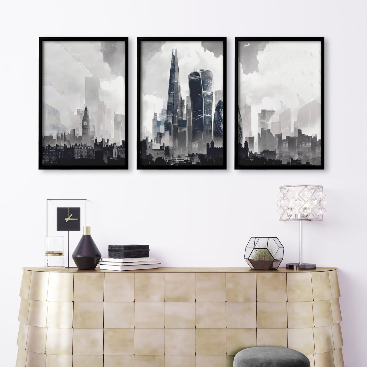 Lounge Pictures for Living Room London Skyline Grey Watercolour wall art displayed on a wall in a styled room — view 4