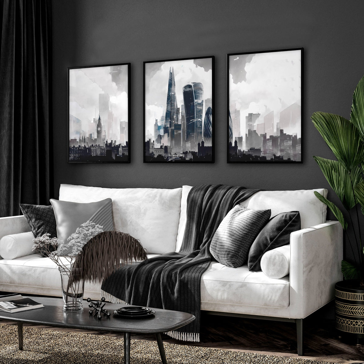 Lounge Pictures for Living Room London Skyline Grey Watercolour wall art displayed on a wall in a styled room — view 5