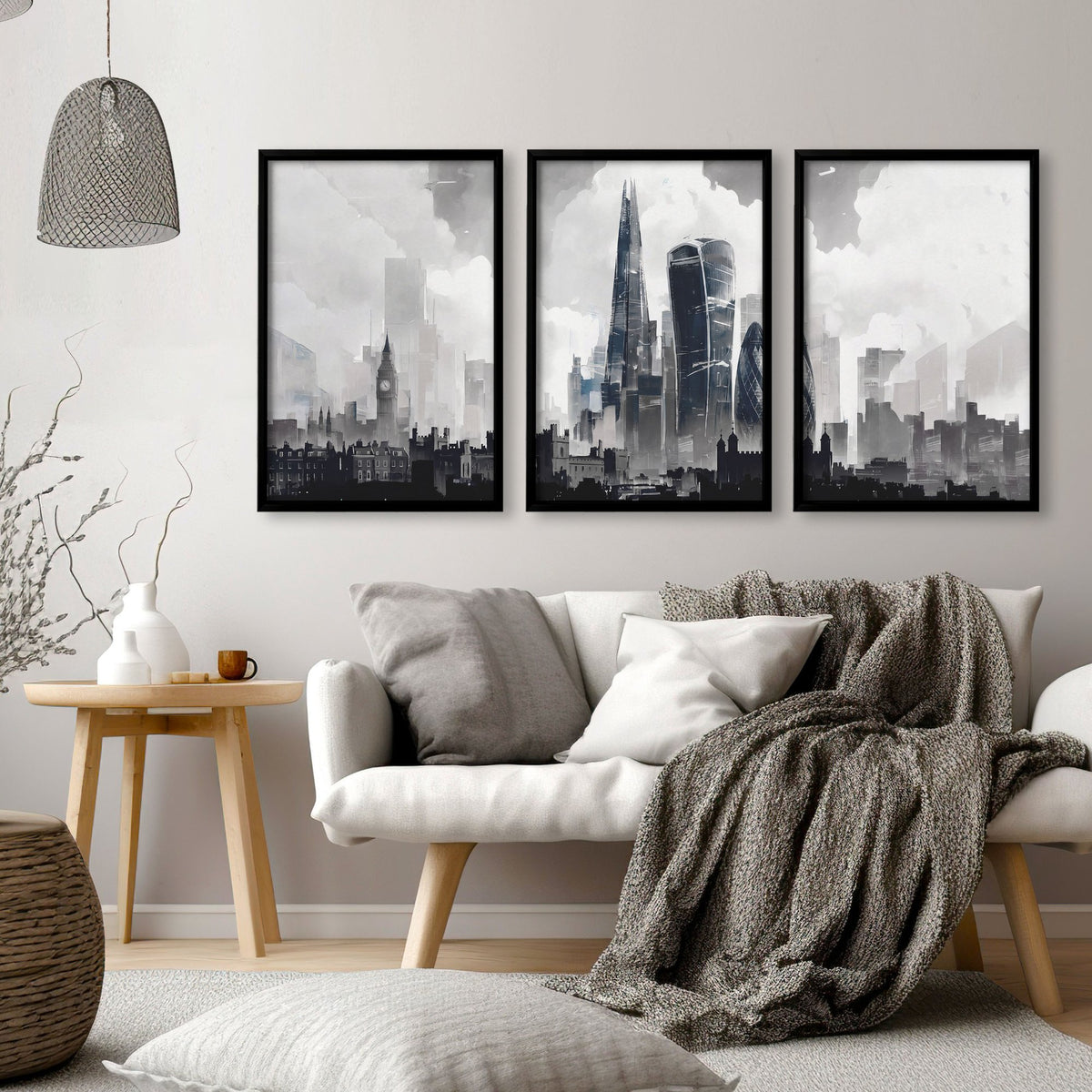 Lounge Pictures for Living Room London Skyline Grey Watercolour wall art displayed on a wall in a styled room — view 6