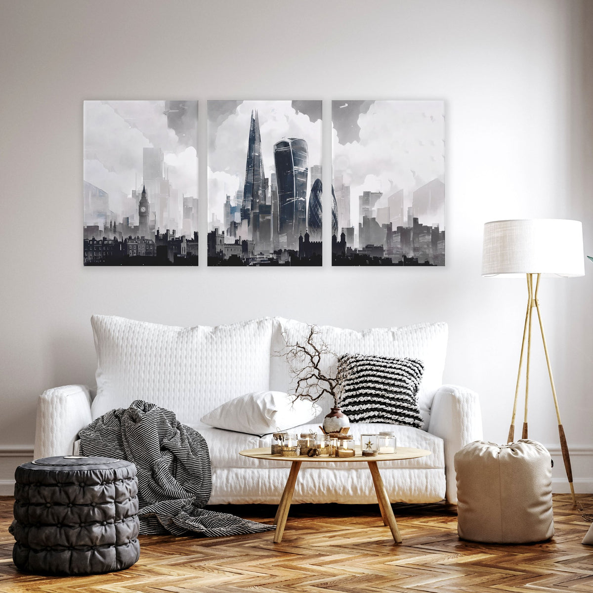 Lounge Pictures for Living Room London Skyline Grey Watercolour wall art displayed on a wall in a styled room — view 7