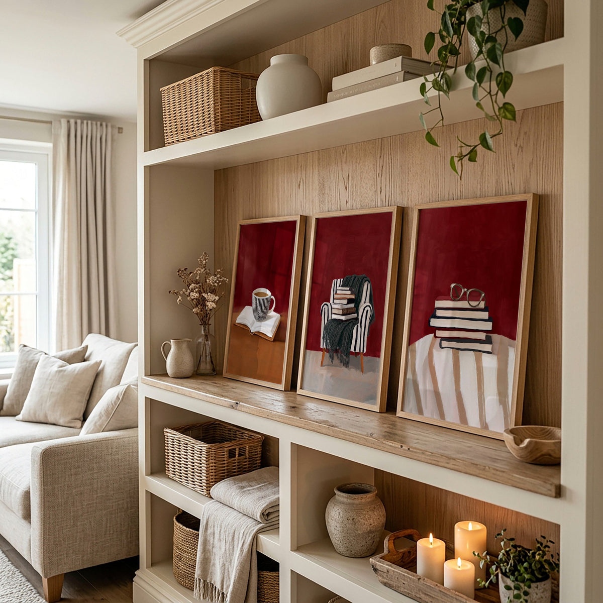 Lounge Room Wall Decor Bohemian Book Lover Burgundy Art wall art displayed on a wall in a styled room — view 7