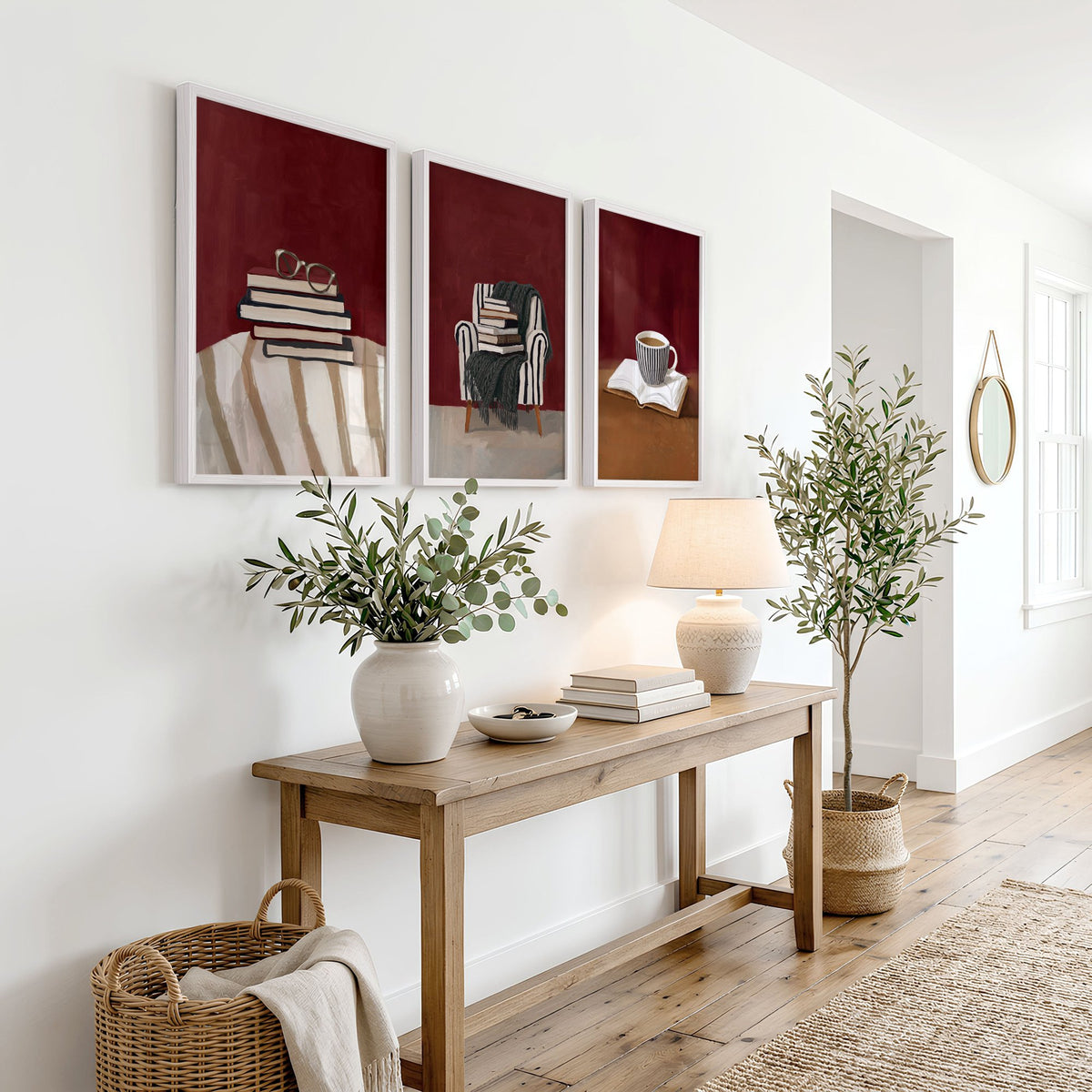 Lounge Room Wall Decor Bohemian Book Lover Burgundy Art wall art displayed on a wall in a styled room — view 8