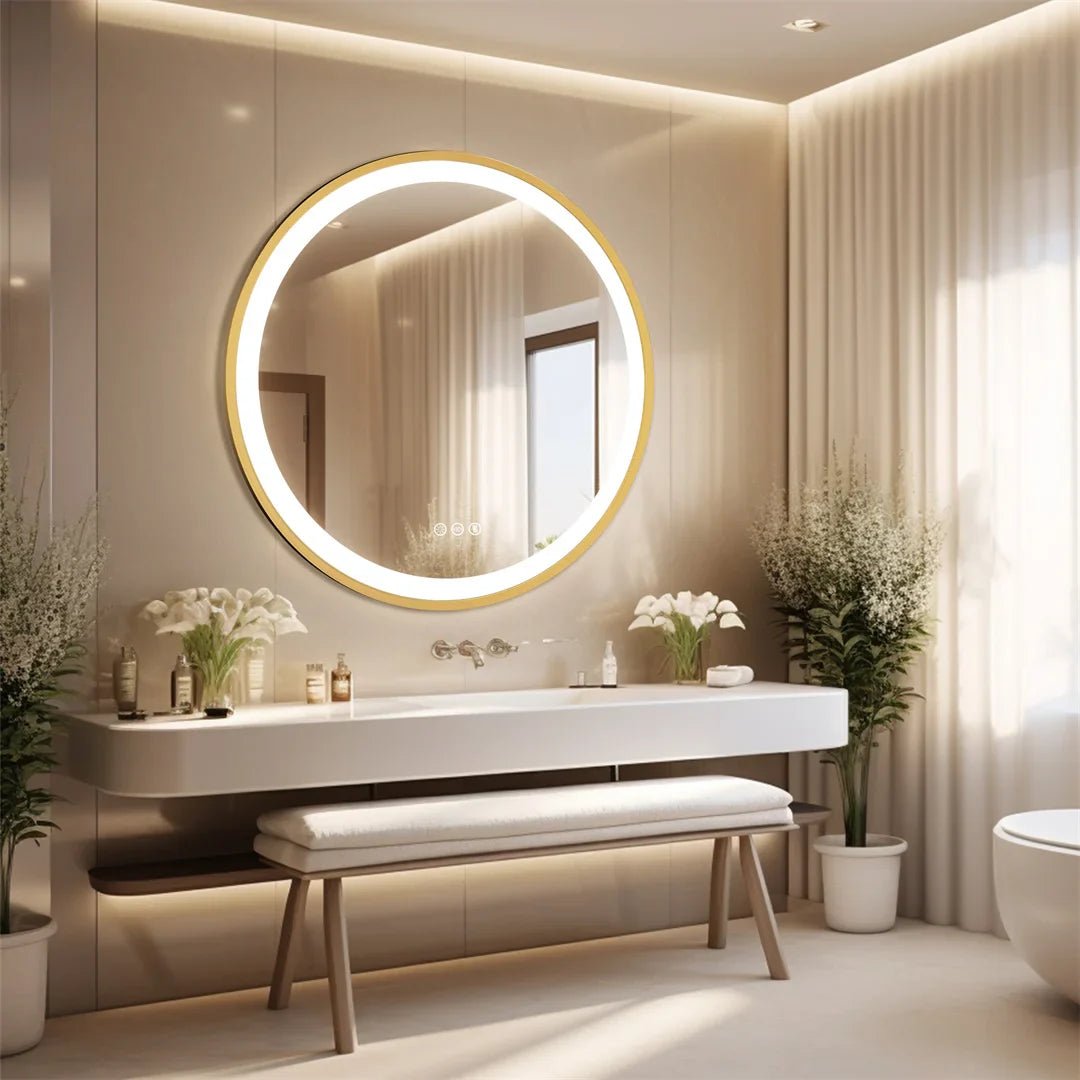 LUVODI 24 Inch Gold Frame Round Bathroom Mirror with Lights Illuminate Wall Vanity Mirror 3 Color Dimmable Anti - Fog Smart Mirror