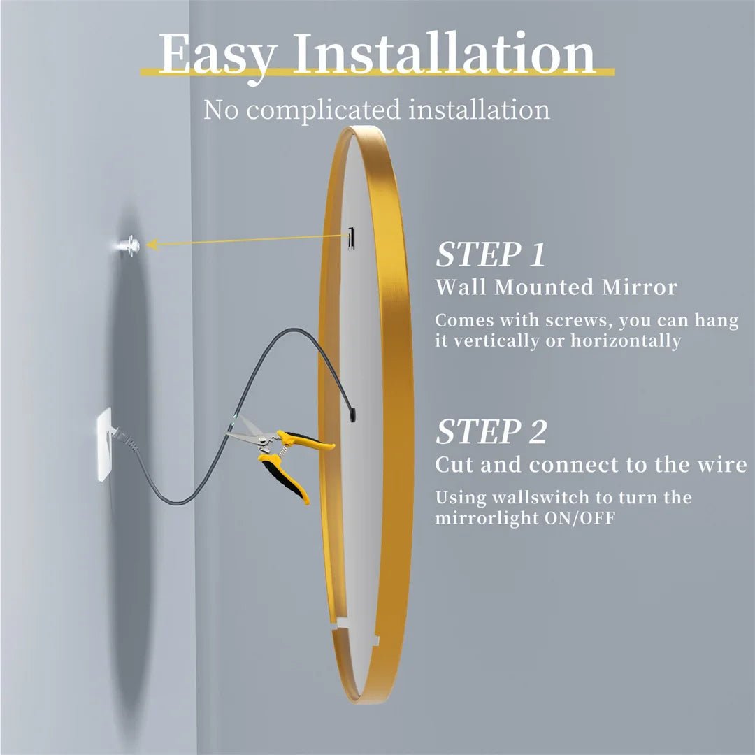 LUVODI 24 Inch Gold Frame Round Bathroom Mirror with Lights Illuminate Wall Vanity Mirror 3 Color Dimmable Anti - Fog Smart Mirror