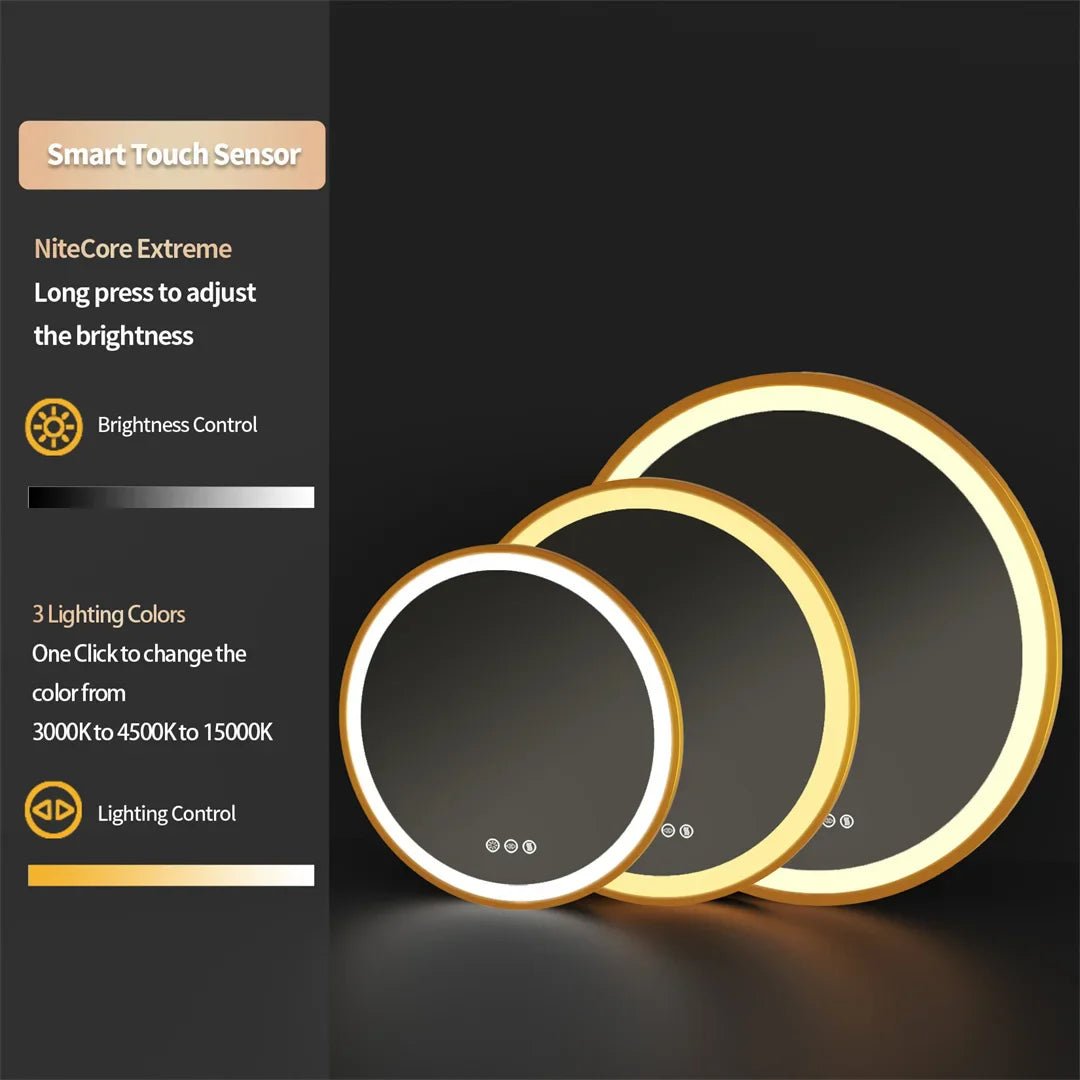 LUVODI 24 Inch Gold Frame Round Bathroom Mirror with Lights Illuminate Wall Vanity Mirror 3 Color Dimmable Anti - Fog Smart Mirror