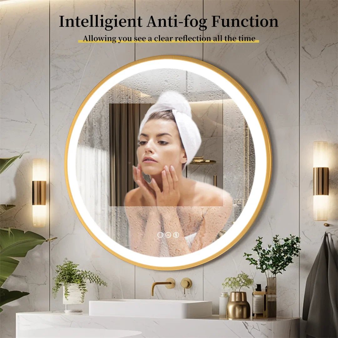 LUVODI 24 Inch Gold Frame Round Bathroom Mirror with Lights Illuminate Wall Vanity Mirror 3 Color Dimmable Anti - Fog Smart Mirror