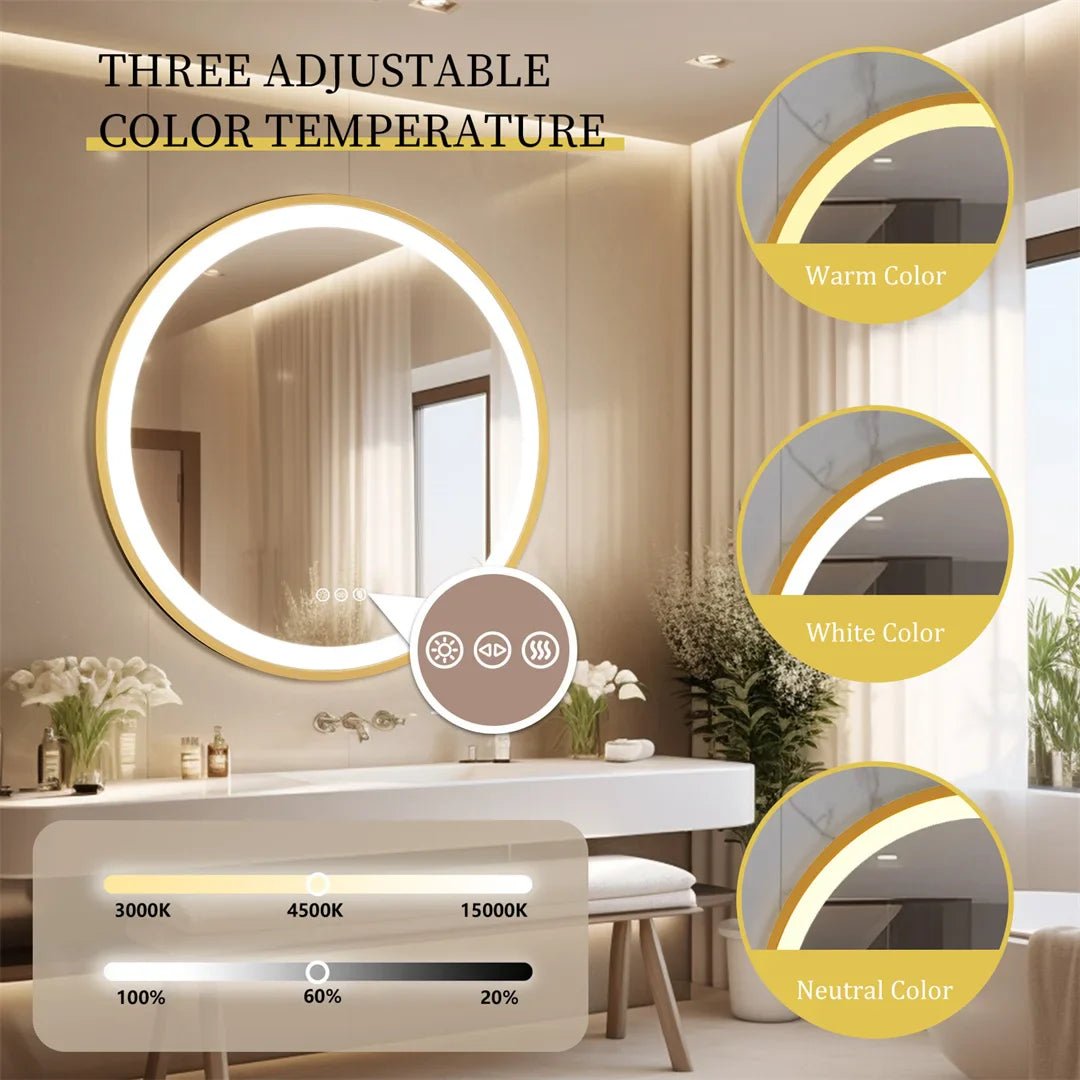 LUVODI 24 Inch Gold Frame Round Bathroom Mirror with Lights Illuminate Wall Vanity Mirror 3 Color Dimmable Anti - Fog Smart Mirror