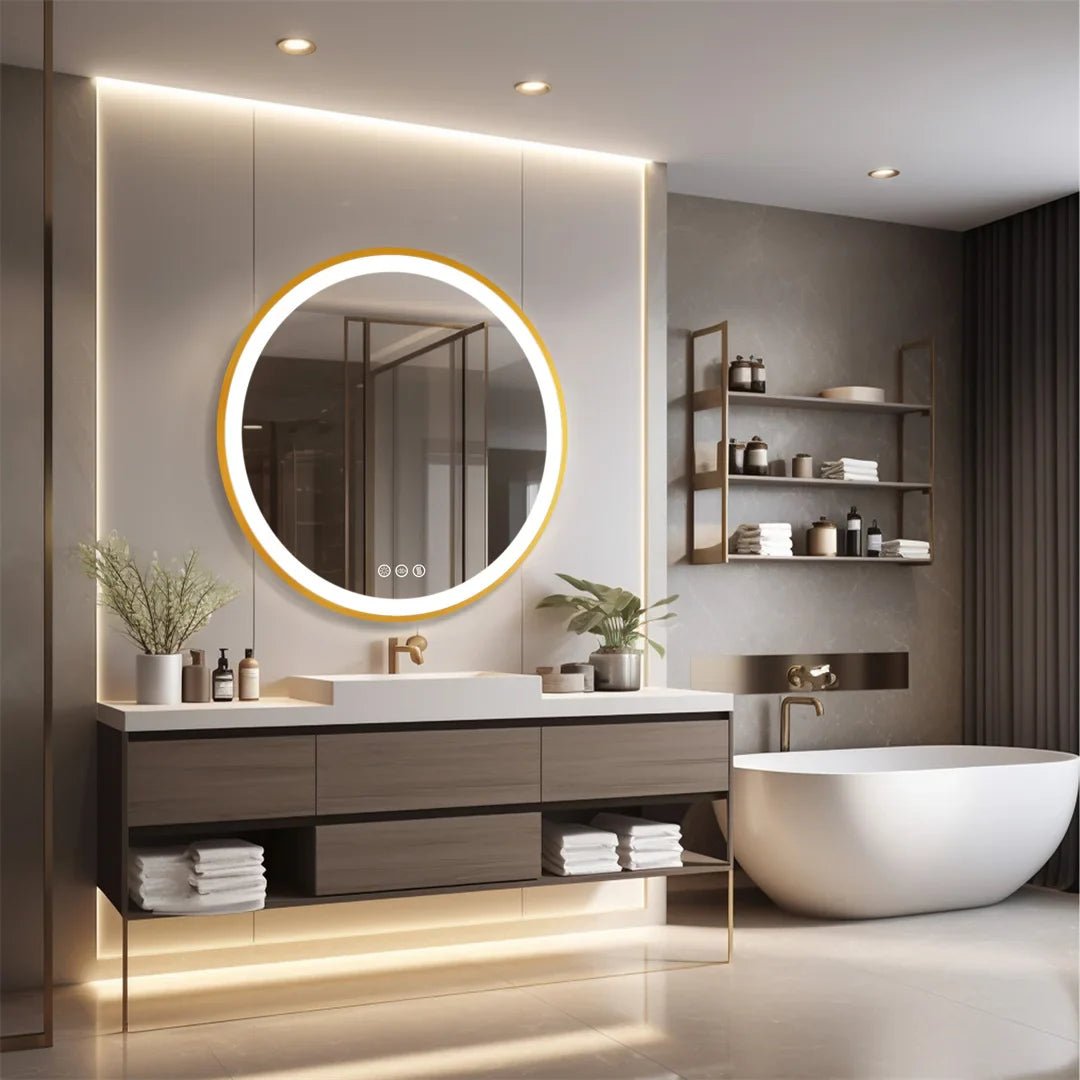 LUVODI 24 Inch Gold Frame Round Bathroom Mirror with Lights Illuminate Wall Vanity Mirror 3 Color Dimmable Anti - Fog Smart Mirror