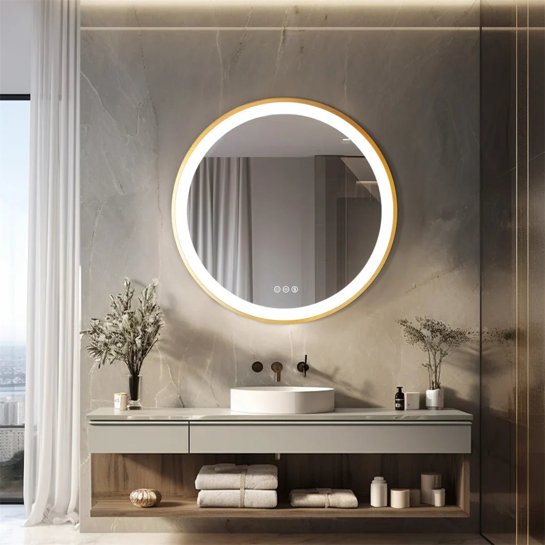 LUVODI 24 Inch Gold Frame Round Bathroom Mirror with Lights Illuminate Wall Vanity Mirror 3 Color Dimmable Anti - Fog Smart Mirror