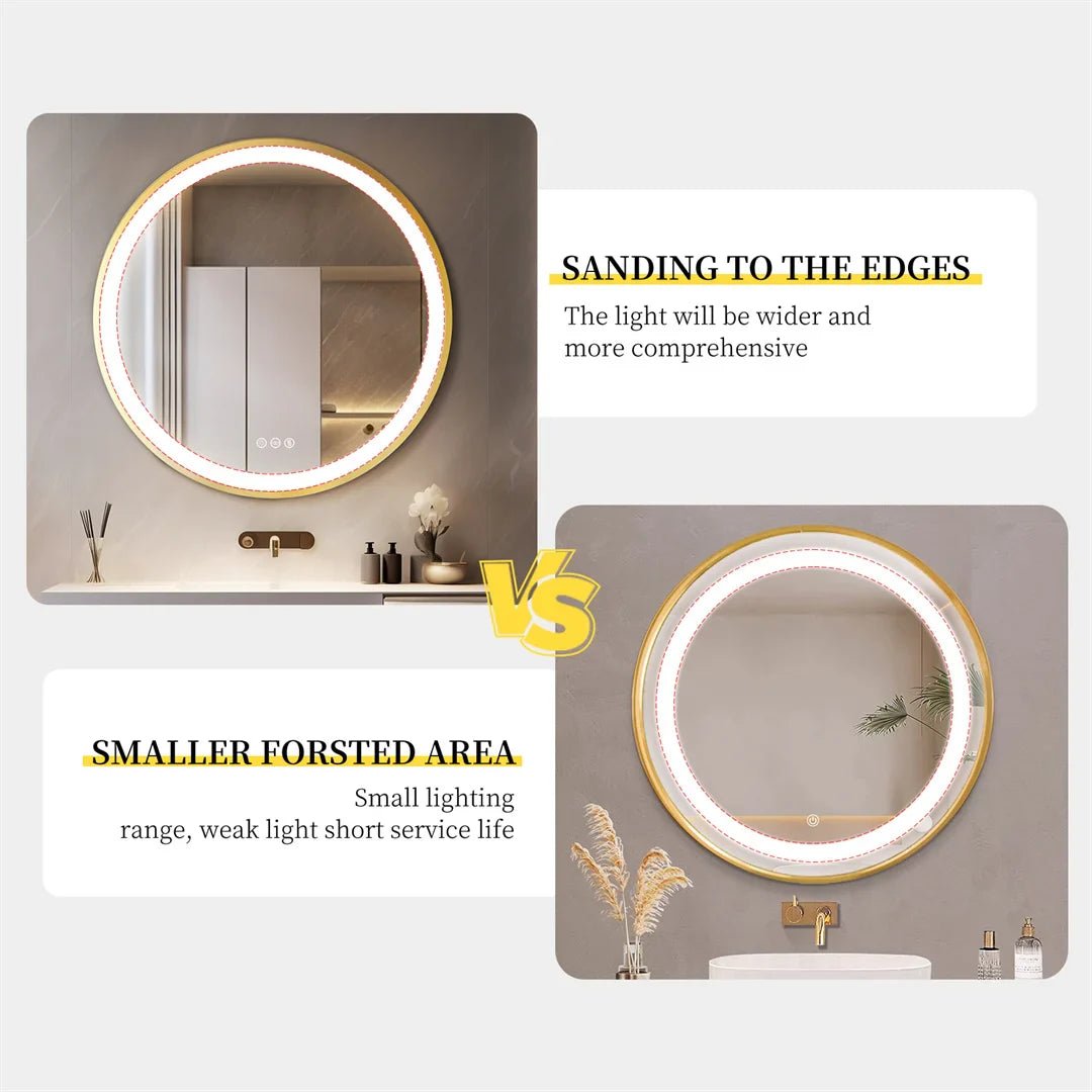 LUVODI 24 Inch Gold Frame Round Bathroom Mirror with Lights Illuminate Wall Vanity Mirror 3 Color Dimmable Anti - Fog Smart Mirror
