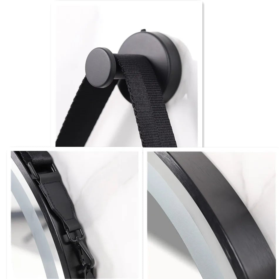 LUVODI Bathroom Light Mirror Round Black Gold Frame Bathroom Dimmable Fogless Mirror with Detachable Rope