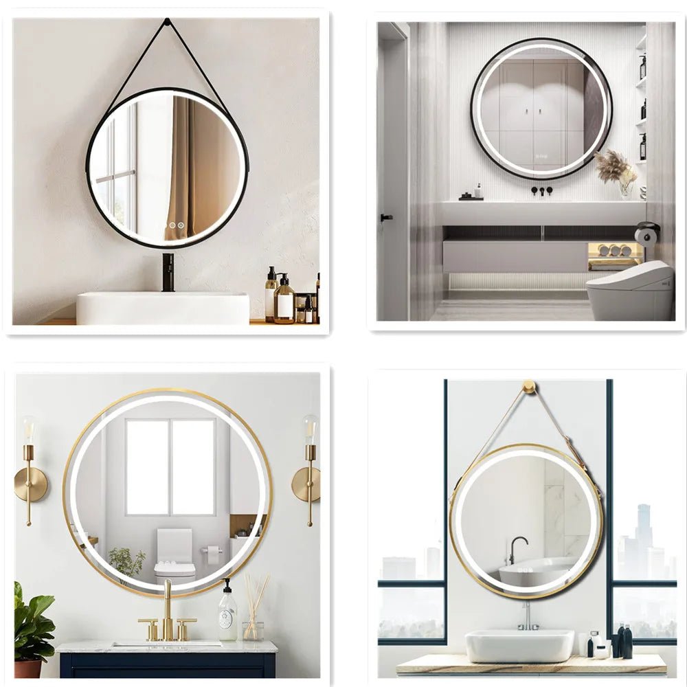 LUVODI Bathroom Light Mirror Round Black Gold Frame Bathroom Dimmable Fogless Mirror with Detachable Rope