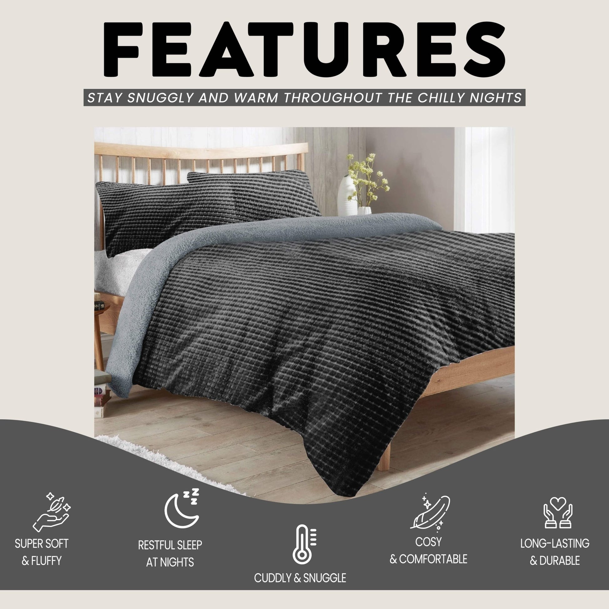 Maine Check Super Soft Fluffy Fleece Duvet Cover Set with Pillowcases Reversible Bedding for Winter Warmth in Black Grey