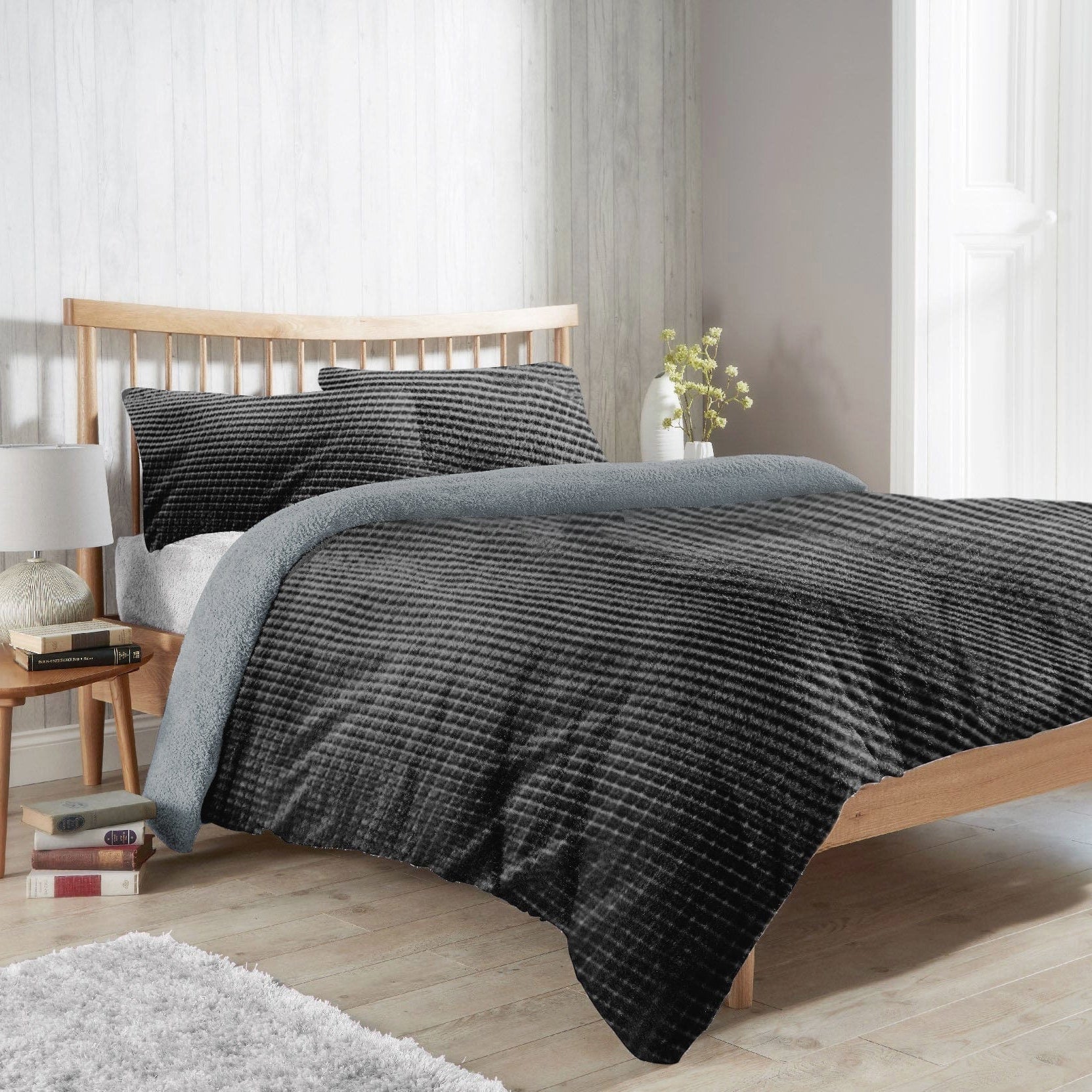 Maine Check Super Soft Fluffy Fleece Duvet Cover Set with Pillowcases Reversible Bedding for Winter Warmth in Black Grey