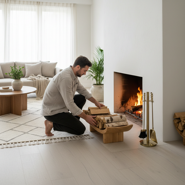 Man arranging firewood with fireplace accessories
