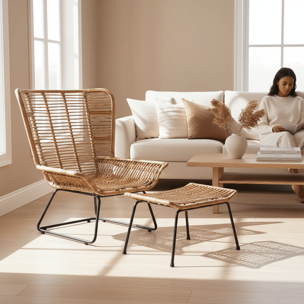Manado Natural Rattan Lounge Chair And Footstool