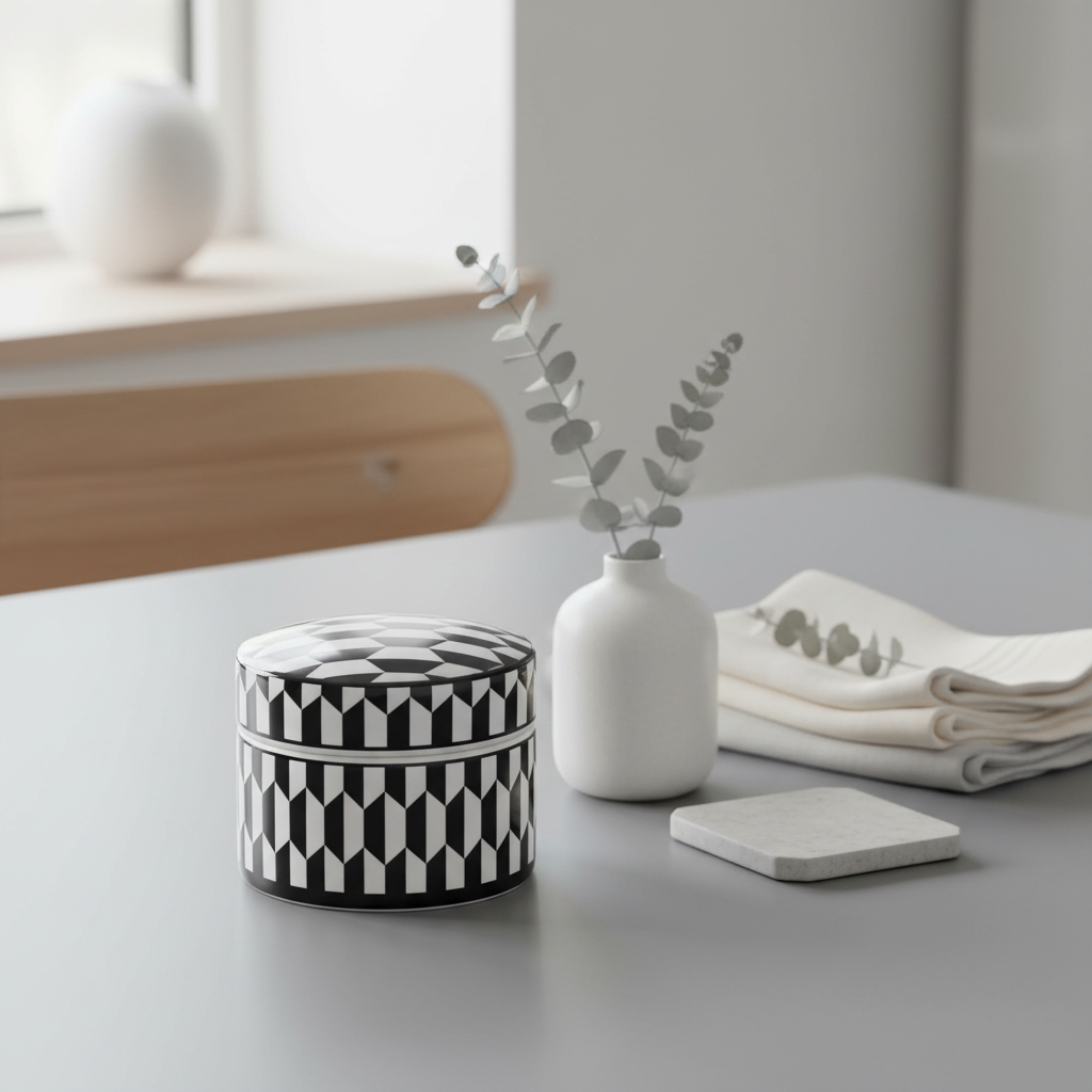 Marlo Large Black and White Geometric Print Ceramic Trinket Box