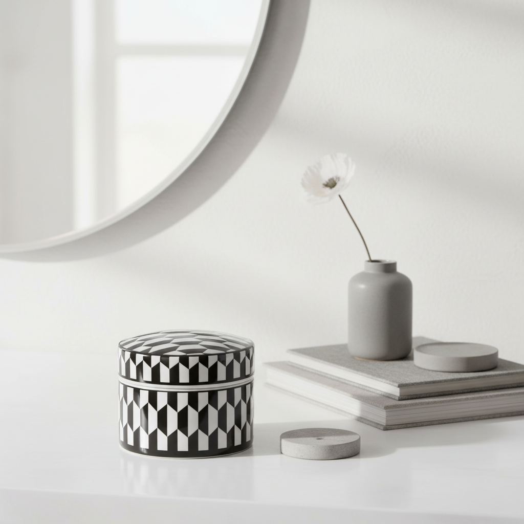 Marlo Large Black and White Geometric Print Ceramic Trinket Box