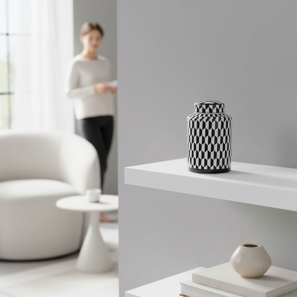 Marlo Small Black And White Geometric Print Ceramic Jar