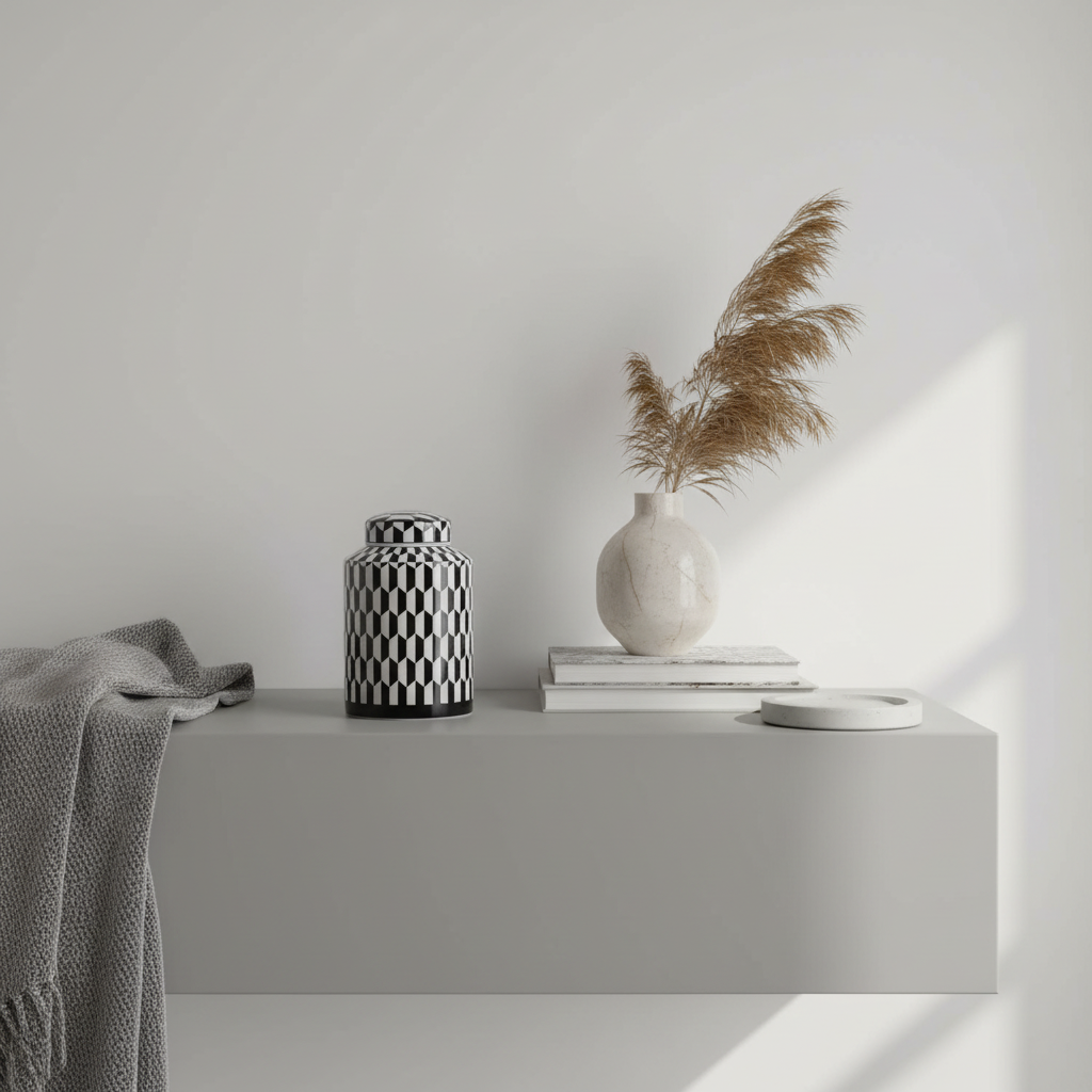 Marlo Small Black And White Geometric Print Ceramic Jar