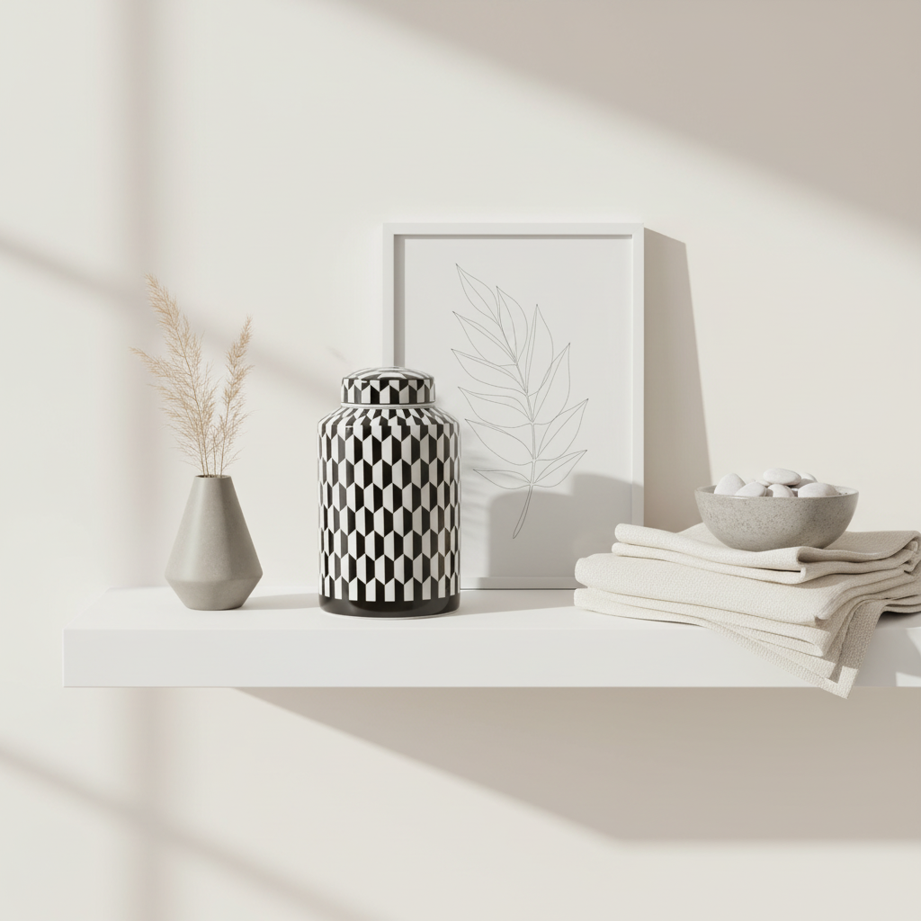 Marlo Small Black And White Geometric Print Ceramic Jar
