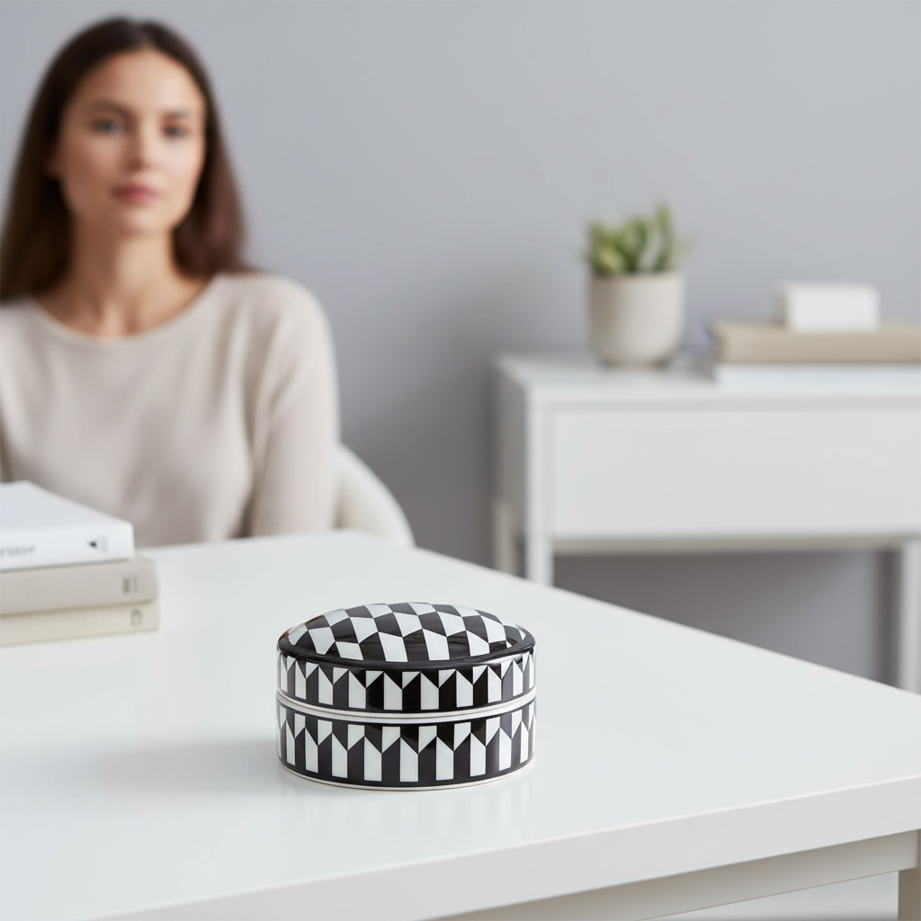 Marlo Small Black and White Geometric Print Ceramic Trinket Box