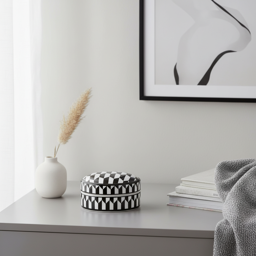Marlo Small Black and White Geometric Print Ceramic Trinket Box