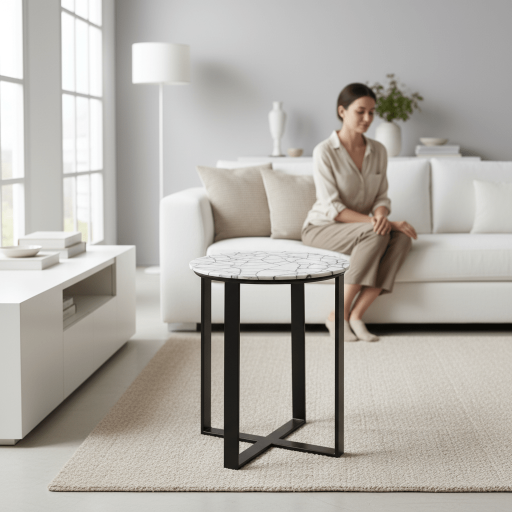 Marmara Marble Top Side Table With Black Iron Stand