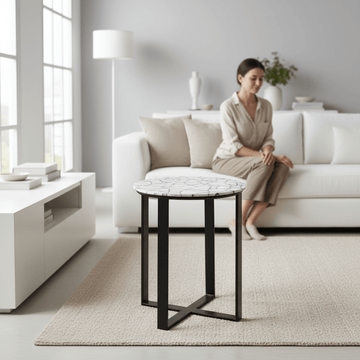 Marmara Marble Top Side Table With Black Iron Stand