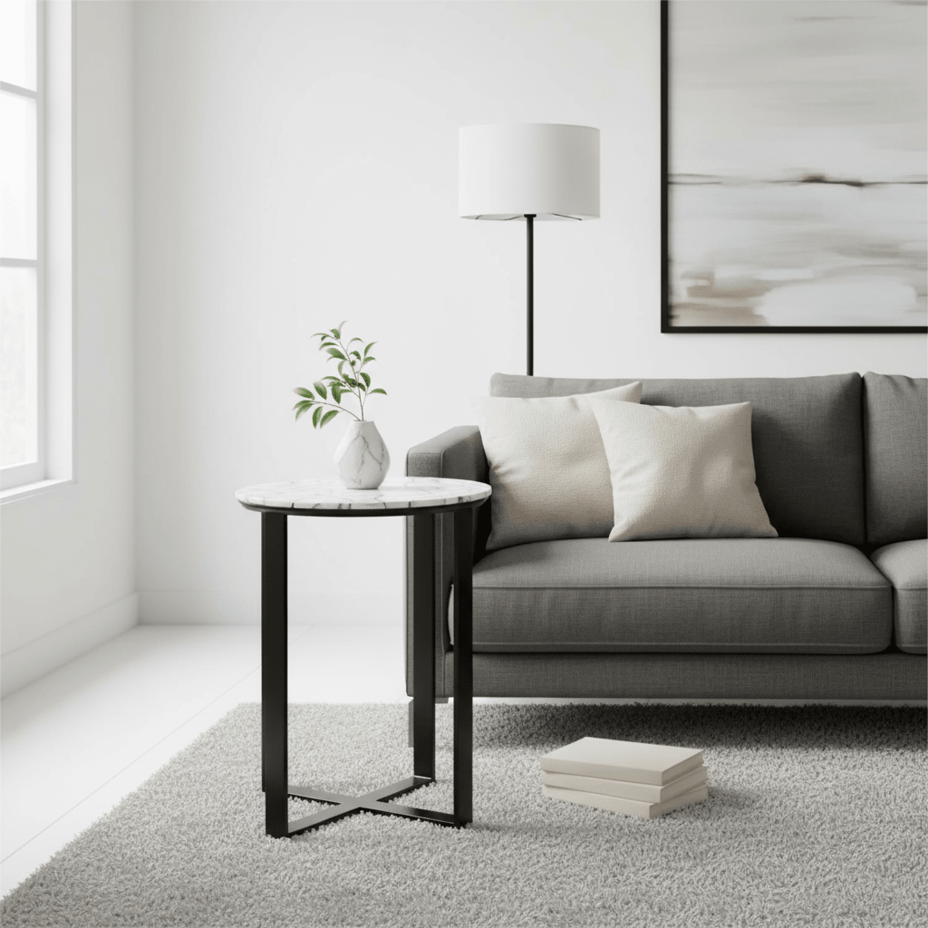 Marmara Marble Top Side Table With Black Iron Stand